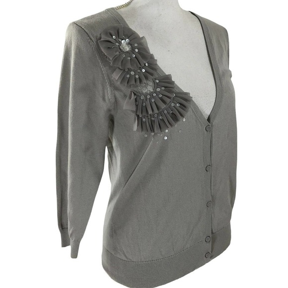 Loft Woman's Cardigan Sweater light Gray Size S Sequin Embellished - Picture 2 of 7